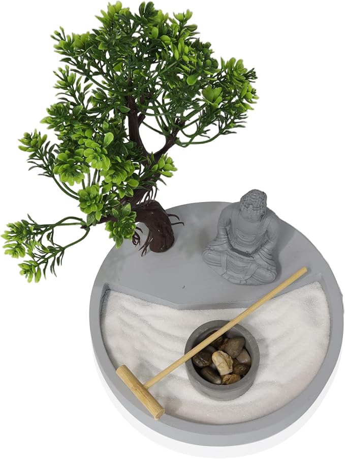 Round Shape, Zen Garden Tealight Candle Holder with a Mini Buddha Statue and a Bonsai Tree - A Perfect Japanese Art for Relaxation and Meditation - Free Your Mind with Our Mini Zen Garden Decor, Gray