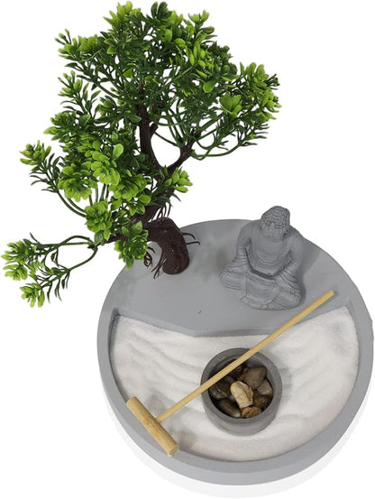 Round Shape, Zen Garden Tealight Candle Holder with a Mini Buddha Statue and a Bonsai Tree - A Perfect Japanese Art for Relaxation and Meditation - Free Your Mind with Our Mini Zen Garden Decor, Gray
