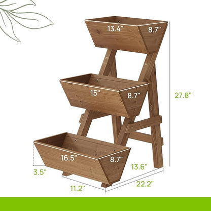 3-Tiers Wooden Raised Garden Bed Tiered Planter Box Flower Pots Vertical Garden Planter Wood Plant Stand for Vegetables Flowers Herbs for Patio, Balcony, Freestanding (Brown S)