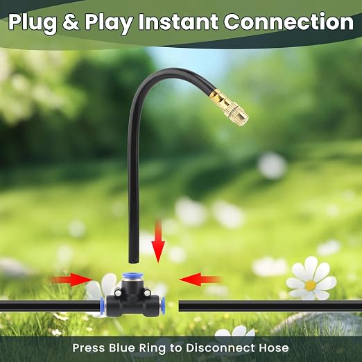 100FT Automatic Drip Irrigation Kits with Water Timer - Garden Watering System with 360° Bendable Spray Adjustable Copper Atomizing Nozzles for Yard, Lawn, Raised Bed, Greenhouse, Potted Plants