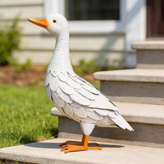 Shorayn Garden Statue Metal Duck Life-Size Mallard Indoor Outdoor Decor White Handmade
