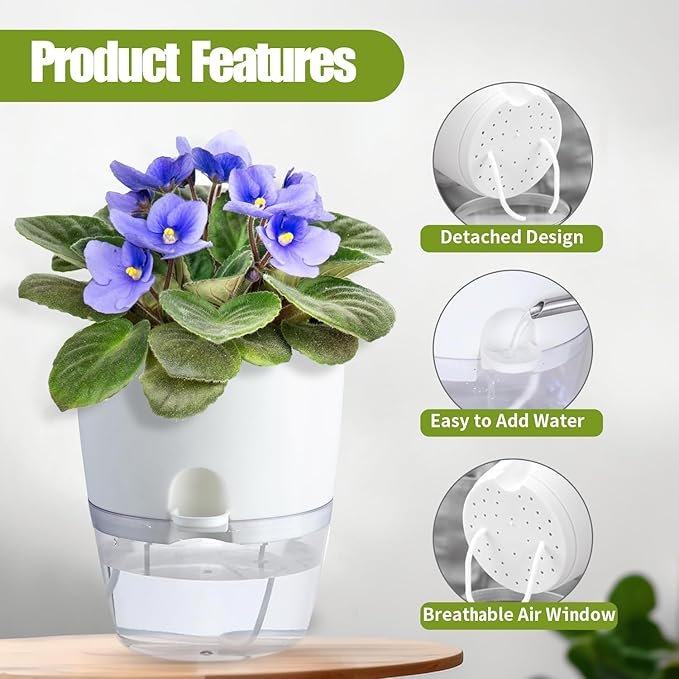 Oliz 6" Self Watering Pots for Indoor Plants, 3pk White w/Drainage Holes | Modern Decorative Garden Pots, Orchid Planters with Wick Ropes, African Violet Pots