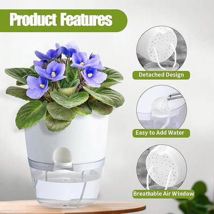 Oliz 6" Self Watering Pots for Indoor Plants, 3pk White w/Drainage Holes | Modern Decorative Garden Pots, Orchid Planters with Wick Ropes, African Violet Pots