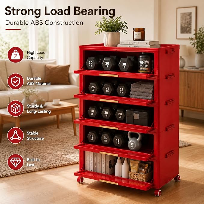 Foldable Storage Cabinet with Doors & Locking Wheels, 5-Tier Large-Capacity Organizer, No-Tool Setup, Impact-Resistant ABS Construction for Dorm, Pantry, Laundry, and Living Spaces