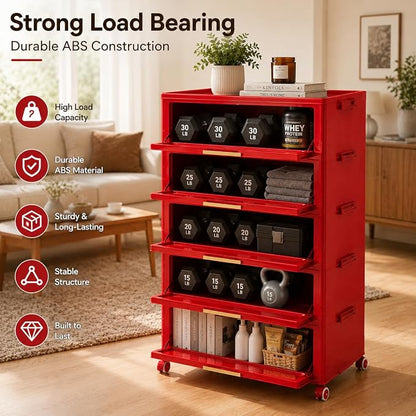 Foldable Storage Cabinet with Doors & Locking Wheels, 5-Tier Large-Capacity Organizer, No-Tool Setup, Impact-Resistant ABS Construction for Dorm, Pantry, Laundry, and Living Spaces