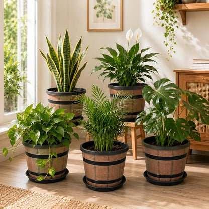 14 Inch Whiskey Barrel Planters with Drainage Holes & Saucer, 5 Pack Plastic Plant Pots with Wine Barrel Design, Flower Pots for Indoor Outdoor Balcony