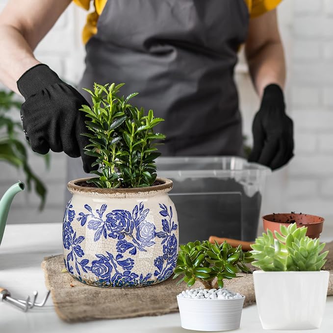 Vintage Chinoiserie Planter Large Ceramic Plant Pot with Drainage Blue Beige Rose Crack Cottage Scroll Vase Flower Vase for Pot Indoor Live Plants Home Farmhouse Antique Decorative Gifts