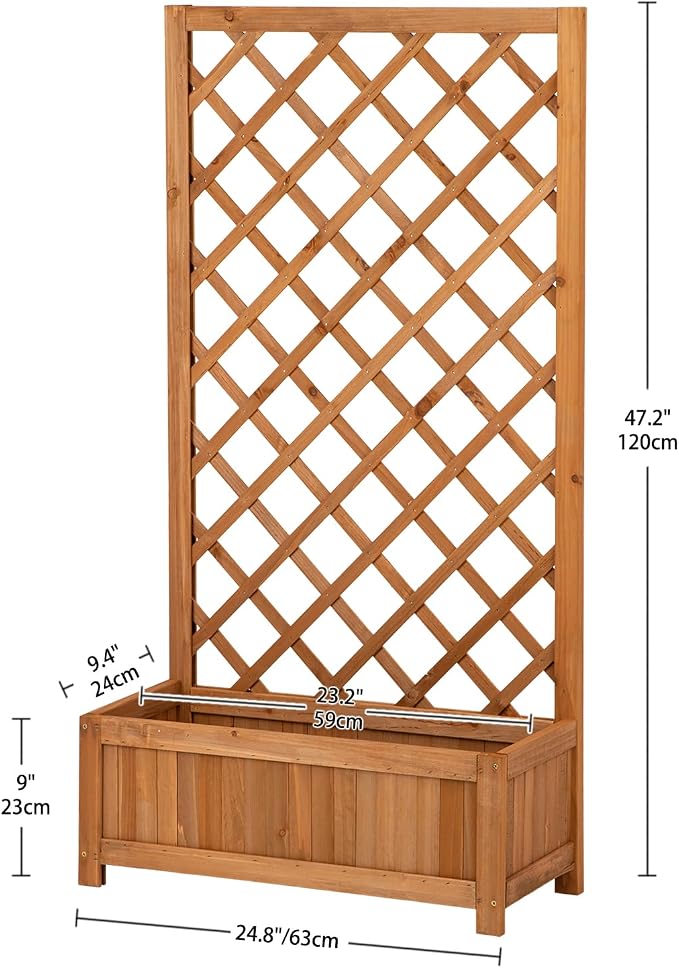 Wooden Raised Garden Bed with Trellis, 47" Outdoor Planter Box for Climbing Plants, Vertical Warm Brown Garden Planter for Vegetables, Flowers & Vines, Lattice Plant Support for Patio Yard Balcony