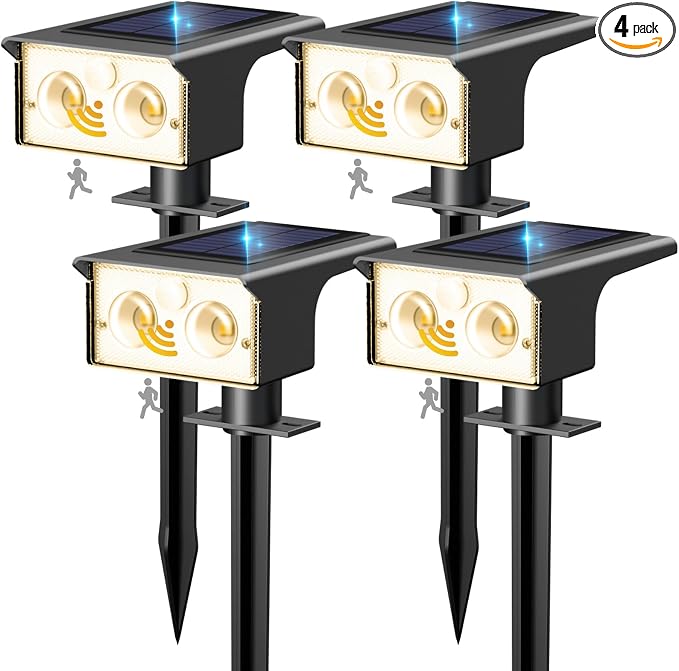 btfarm Solar Spot Lights Outdoor Waterproof, 4 Pack/3 Modes Motion Sensor Lights, Solar Powered Spotlights 2-in-1 Auto On/Off for Outside Pathway Yard Garden Landscape Lighting, Warm White
