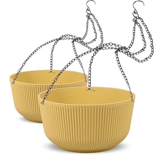 Dexceder 11.2 Inch Self Watering Hanging Planter (2 Pack, Yellow) | Thickened Hanging Basket Flower Plant Pot Indoor Outdoor