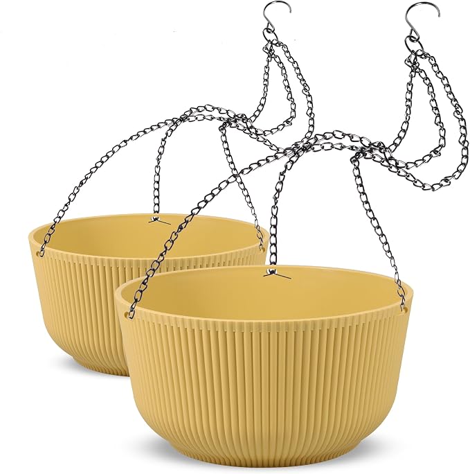 Dexceder 9.8 Inch Self Watering Hanging Planter (2 Pack, Yellow) | Thickened Hanging Basket Flower Plant Pot Indoor Outdoor