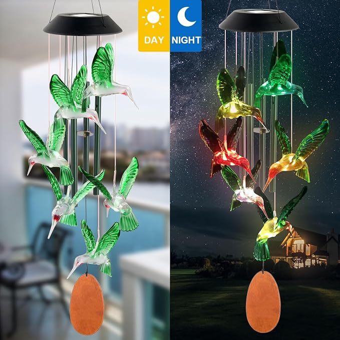 Solar Hummingbird Wind Chime Outdoor Color Changing, Garden Decor, Grandmother Gift, mom Gifts, Hummingbird Gifts, Birthday Gift for mom, Wind Chimes Outdoor Outside.