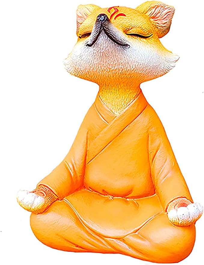 Orange Resin Fox Statue, Zen Yoga Figurine for Desktop & Garden | Mini meditative accents, garden & fox statues, fox figurines, spiritual gifts, feng shui shelf decor for plant & yoga lovers