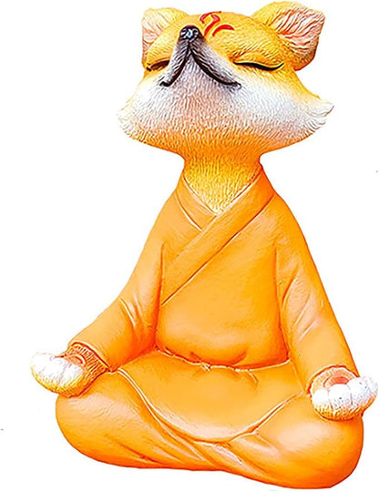 Orange Resin Fox Statue, Zen Yoga Figurine for Desktop & Garden | Mini meditative accents, garden & fox statues, fox figurines, spiritual gifts, feng shui shelf decor for plant & yoga lovers