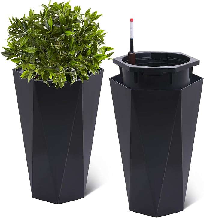 IDEALHOUSE 22.5" Tall Planters, Self-Watering Planters with Water Level Monitor and Drainage Hole, Large Outdoor Planters for Living Room, Bedroom Office, Patio, Porch, Garden, Set of 2
