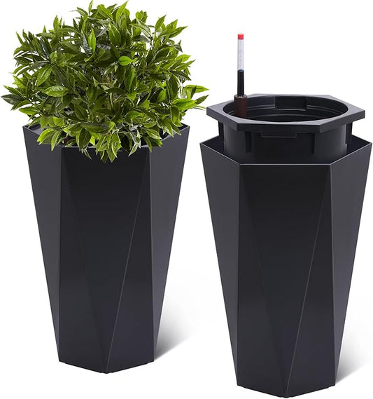 IDEALHOUSE 22.5" Tall Planters, Self-Watering Planters with Water Level Monitor and Drainage Hole, Large Outdoor Planters for Living Room, Bedroom Office, Patio, Porch, Garden, Set of 2