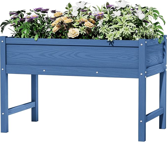 Weatherproof Raised Garden Bed, HDPE Outdoor Elevated Planter Box with Legs, Garden Box, Flower Beds for Patio, Deck, Balcony (Navy Blue)