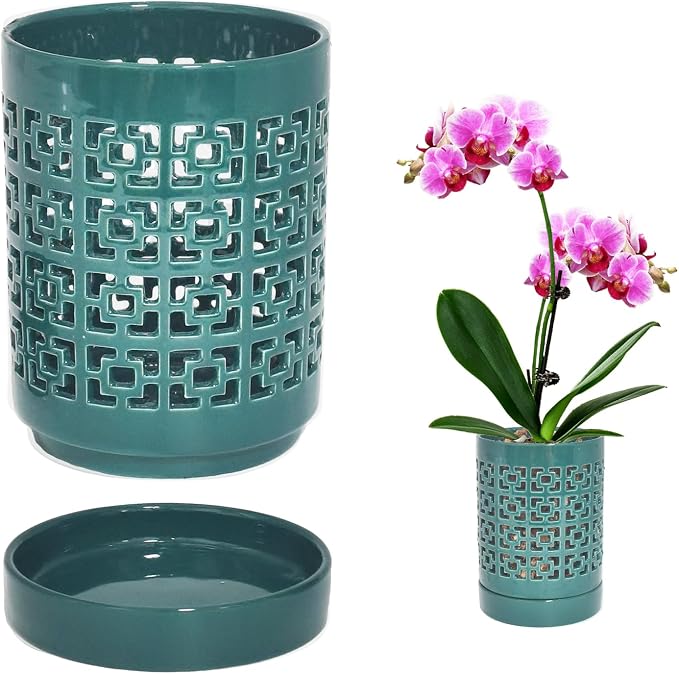 4 in Ceramic Orchid Pot for Repotting with Saucers, Orchid Pots with Holes More Ventilation Hole Easy Breathing, Plant Pot for Repotting Orchids and Other Flowers - Indoor/Outdoor Green