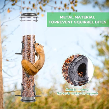 MIXXIDEA 1PK Metal Bird Feeders with 6 Feeding Ports,Tube Bird Feeder with Steel Hanger,Hard Plastic Wild Bird Feeder for Outdoors Hanging, Attracting Birds in Your Lawn, Garden, Balcony-Grey