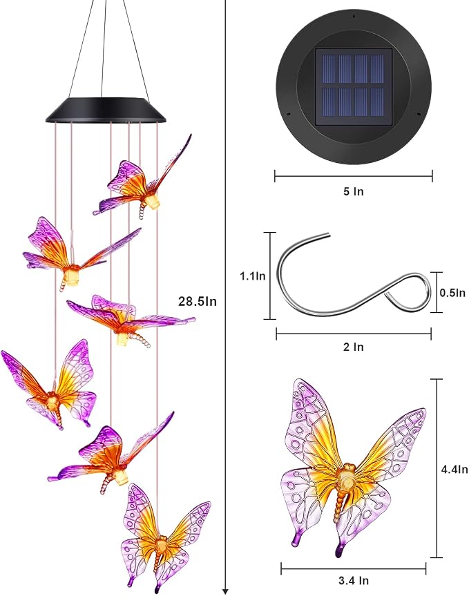 DesGully Butterfly Wind Chimes, Solar Wind Chimes/Wind Chimes for Outside Color Changing (Gifts for mom/Gift for Grandmom/Gift for Women) Thanksgiving Gift Butterfly Gift