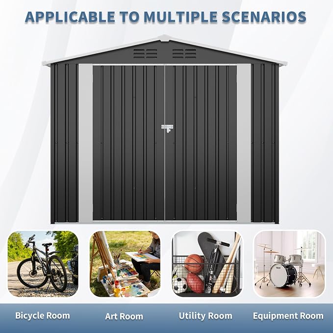 YOPTO 8X4 FT Metal Outdoor Storage Shed W/Lockable Latch,Black | Air Vent,Double‑Hinged Door,Sloped Roof,Reinforced Structure,All Weather Waterproof for Garden,Patio,Backyard,Lawn