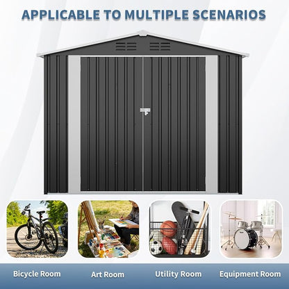 YOPTO 8X4 FT Metal Outdoor Storage Shed W/Lockable Latch,Black | Air Vent,Double‑Hinged Door,Sloped Roof,Reinforced Structure,All Weather Waterproof for Garden,Patio,Backyard,Lawn