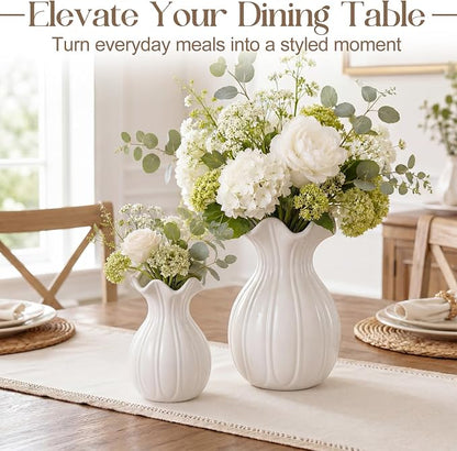 2 Pack White Ceramic Vase Set Small Rustic Decorative Vases Home Decor Wavy Edge Modern Flower Vases for Farmhouse Table Centerpiece Living Room Kitchen Bedroom (6.7, 7.9in, Elegant)