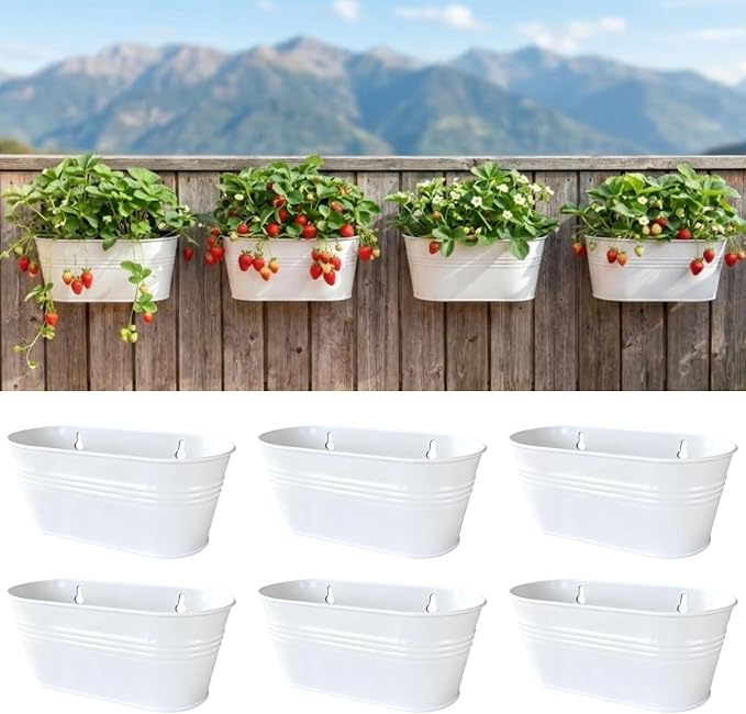 LaLaGreen Wall Planter (11.8 Inch, 6 Pack) White Oval Metal Pot Hanging Decor Flower Railing Fence Pots Mounted Indoor Plant Holder Porch Decorations Drainage Garden Plants Planters Balcony Home Yard