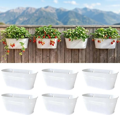 LaLaGreen Wall Planter (11.8 Inch, 6 Pack) White Oval Metal Pot Hanging Decor Flower Railing Fence Pots Mounted Indoor Plant Holder Porch Decorations Drainage Garden Plants Planters Balcony Home Yard