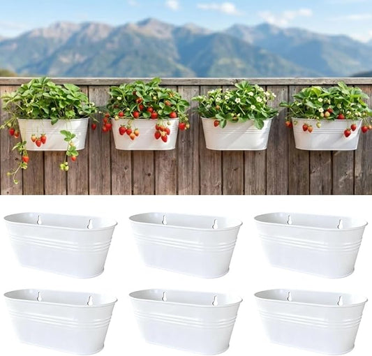LaLaGreen Wall Planter (11.8 Inch, 6 Pack) White Oval Metal Pot Hanging Decor Flower Railing Fence Pots Mounted Indoor Plant Holder Porch Decorations Drainage Garden Plants Planters Balcony Home Yard