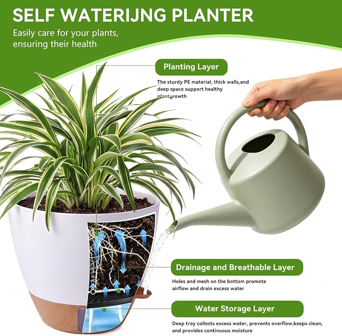 Ecolley Self-Watering Pots for Indoor Plants 3 Pack, 8/10/12 Inch Outdoor Planters with Water Level Indicator & Deep Reservoir, Decorative Flower Pots for Home Decor (White, 8+10+12 Inch) | Water Level Indicator, Deep Reservoir, Outdoor Planters, Decor...