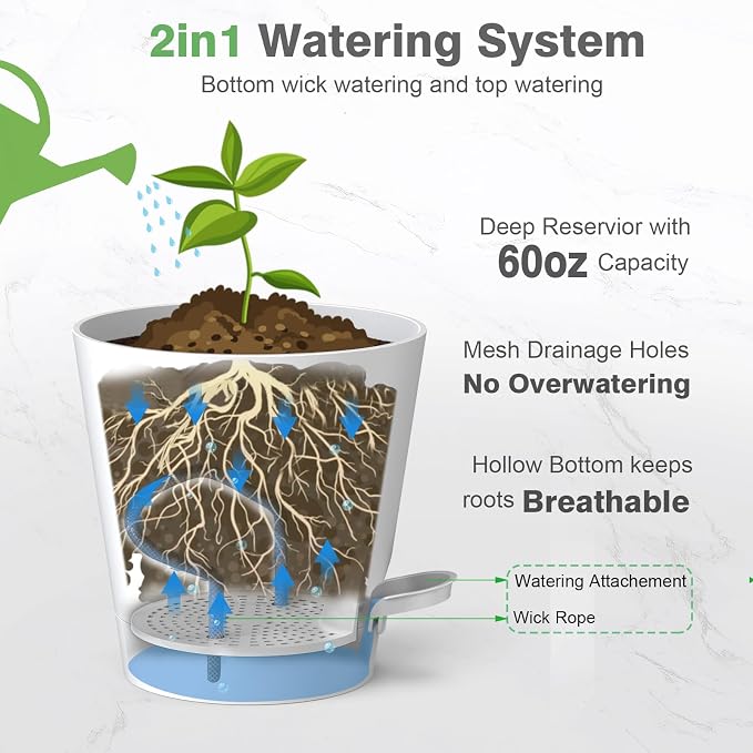 SwinDuck 12inch Large Self Watering Plant Pot, Plastic Cylinder Planter with 60Oz Deep Reservoir and Saucer for Indoor Outdoor Plants Flowers Houseplants, Black with Brown