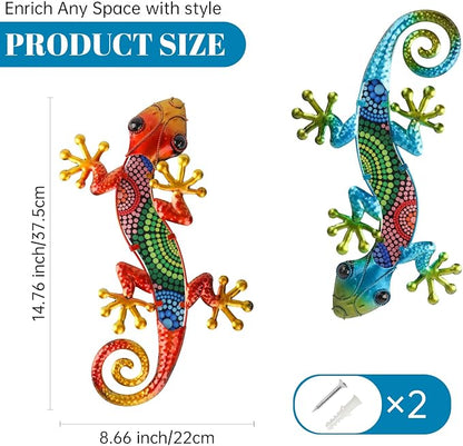 WANFSOWO 3D Metal Gecko Wall Art, Hand-Painted Colorful Lizard Wall Sculpture, Indoor Outdoor Hanging Decor for Garden Fence Patio Porch Backyard, Home Decor Gift (Style 1)