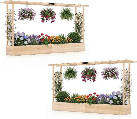 Giantex Wooden Raised Garden Bed with Trellis & Hanging Roof, 2 Pack Fir Wood Planter Box, 45” Freestanding Elevated Garden Bed for Outdoor Climbing Plants Vegetables Flowers, Patio & Balcony, Natural