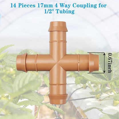 14 Pcs Drip Irrigation Cross Fittings 1/2 Inch, Drip Line Parts Four Way Connectors for 1/2" Irrigation Tubing, Barbed 4 Way Coupling Tee Irrigation System Replacement for Sprinkler Systems