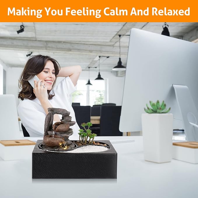 WICHEMI Water Fountains Indoor Waterfall Fountain Tabletop Fountain with LED Light Water Feature Indoor Zen Meditation Relaxation Desktop Fountains for Home and Office Indoor Spaces Decor