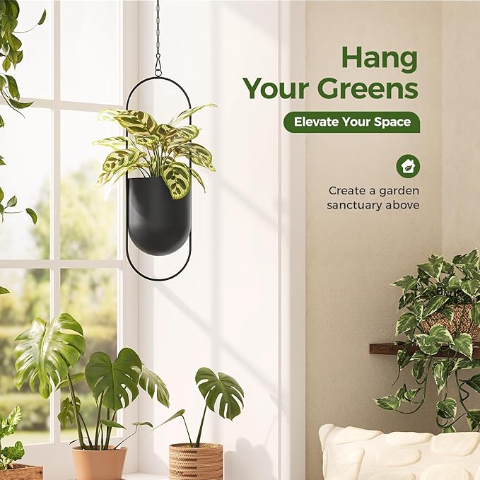 Bamworld Black Hanging Planters for Indoor Outdoor Plants Metal Hanging Pots for Plants 5.5 Inch Modern Hanging Baskets Window Plant Hanger Ceiling Hanging Flower Pots with Chain for Wall Decor