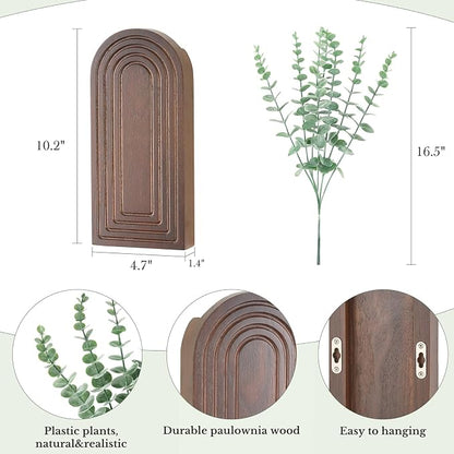 Dahey Wood Wall Vase Planter with Artificial Eucalyptus, 2 Pack Hanging Planter for Indoor Fake Plants Modern Boho Farmhouse Wall Art Decor for Bathroom Bedroom Kitchen Office Home Decoration, Brown