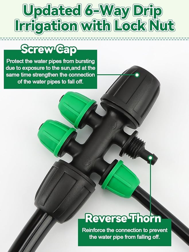 Kalolary 20PCS Locked Barbed Tee Connectors, 5/16" to 1/4" Drip Irrigation Fittings Kit 8/12mm to 4/7mm Tube Lock Female Connector 6-Way Barbed Lock Irrigation Parts for Watering System (Black Green)