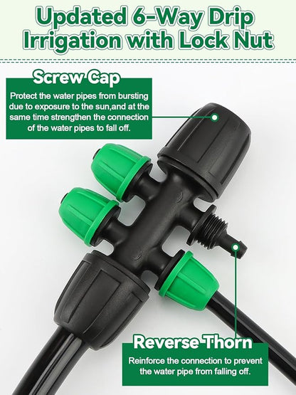 Kalolary 20PCS Locked Barbed Tee Connectors, 5/16" to 1/4" Drip Irrigation Fittings Kit 8/12mm to 4/7mm Tube Lock Female Connector 6-Way Barbed Lock Irrigation Parts for Watering System (Black Green)