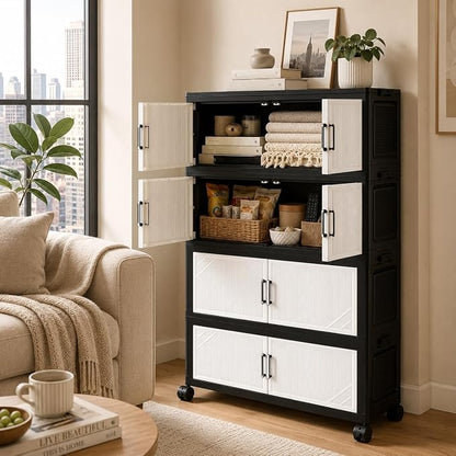 4 Tier Foldable Storage Cabinet with Wheels and Magnetic Doors, Premium PP Material Large Storage Organizer, Space-Saving Utility Storage for Home, Apartments, Dorm, Office, Rv