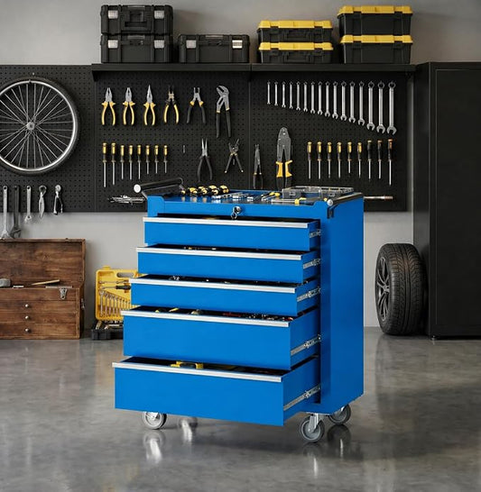 IDEALHOUSE Rolling Tool Chest, 5 Drawers Tool Storage Cabinet, Toolbox with Wheels, Portable Tool Cabinet Organizer with Locking System & Drawer Liners, Tool Storage Cart for Garage, Workshop, Blue