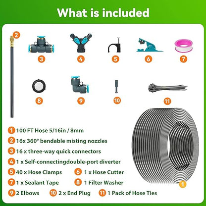 360° Adjustable Drip Irrigation System 100FT,5/16" Garden Watering Kit with 16 Copper Nozzles,82Pcs Drip Irrigation Kit，Automatic Misting Sprinkler System for,Raised Bed, Patio, Lawn & Yard Care