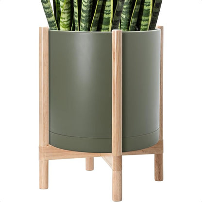 D'vine Dev Plastic Pot with Natural Wood Stand, Olive, 16 in, 55-C-Y-3 | Mid-Century Inspired Design, Elevated Plant Display, Clean Lines, Sturdy Support, Modern Space-Saving Style