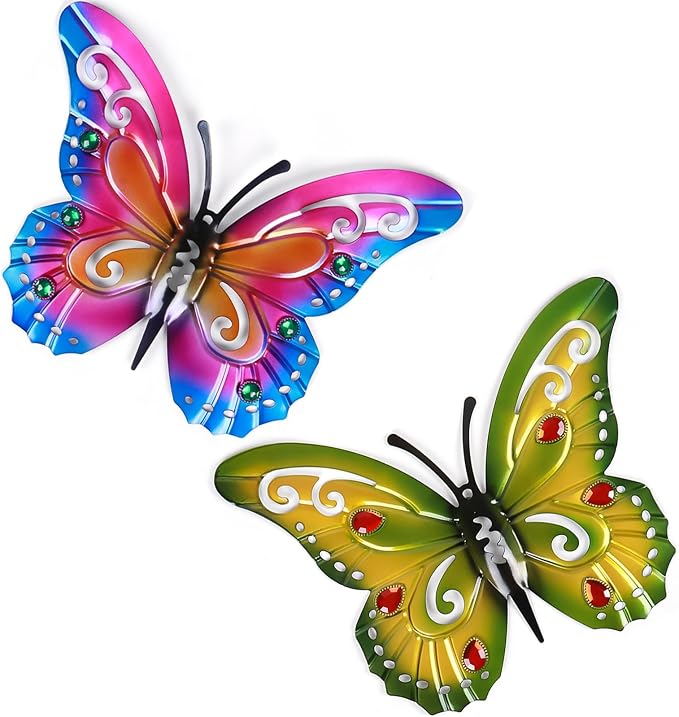 Akulgaci 2 Pack Butterfly Decorations, 14.5" Large Metal Butterflies Fence Garden Yard Art Wall Decor for Outdoor Patio Balcony Tree Front Porch, Vibrant Colors Purple Green