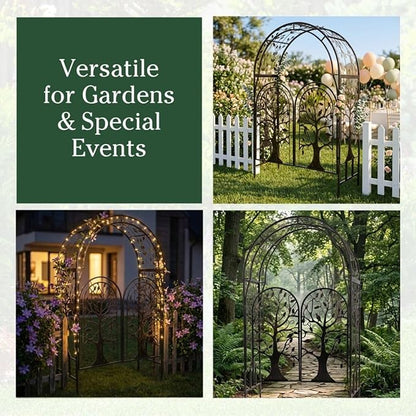 Plow & Hearth Metal Tree of Life Arched Garden Arbor with Gate | 7 feet Tall Laser-Cut Design | Plant Support for Heavy Vines | Landscape Focal Point | Iron Steel