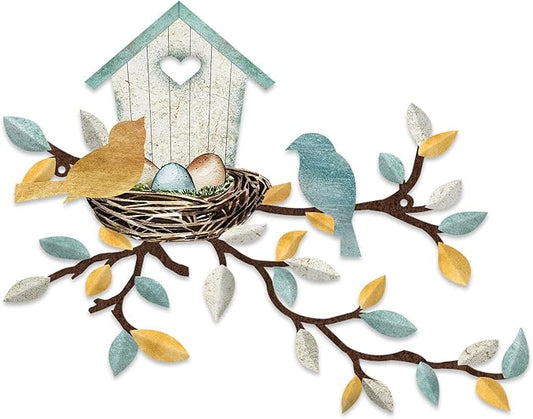 COLOR VALLEY ART-Metal Bird Wall Art Birds on The Branch Wall Decor Leaves with Birds Sculpture Bird Silhouette Metal Ornament Branch Wall Hanging Sign for Balcony Garden Decor (Teal White-16.5''x13'')