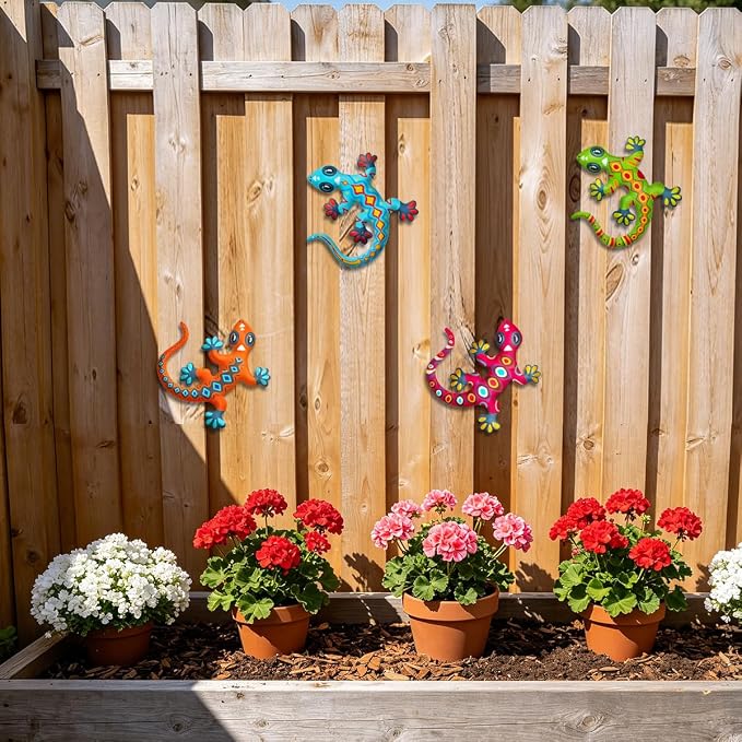 Metal Gecko Wall Art Decor- Outdoor Lizards Hanging Decoration for Garden Yard Fence Patio Balcony(4 Pack)