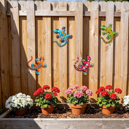 Metal Gecko Wall Art Decor- Outdoor Lizards Hanging Decoration for Garden Yard Fence Patio Balcony(4 Pack)