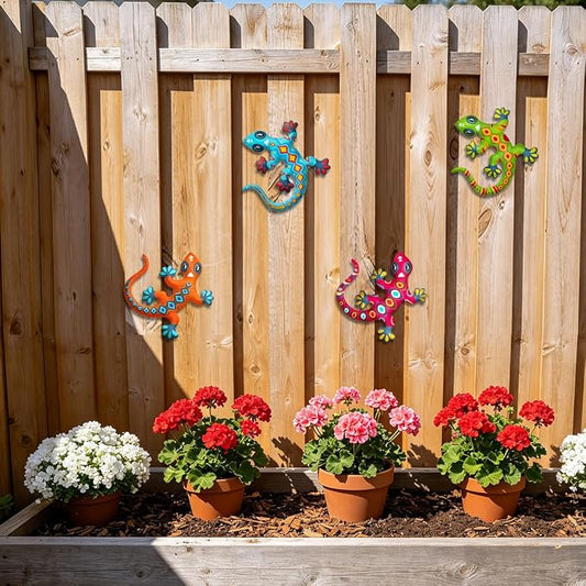 Metal Gecko Wall Art Decor- Outdoor Lizards Hanging Decoration for Garden Yard Fence Patio Balcony(4 Pack)